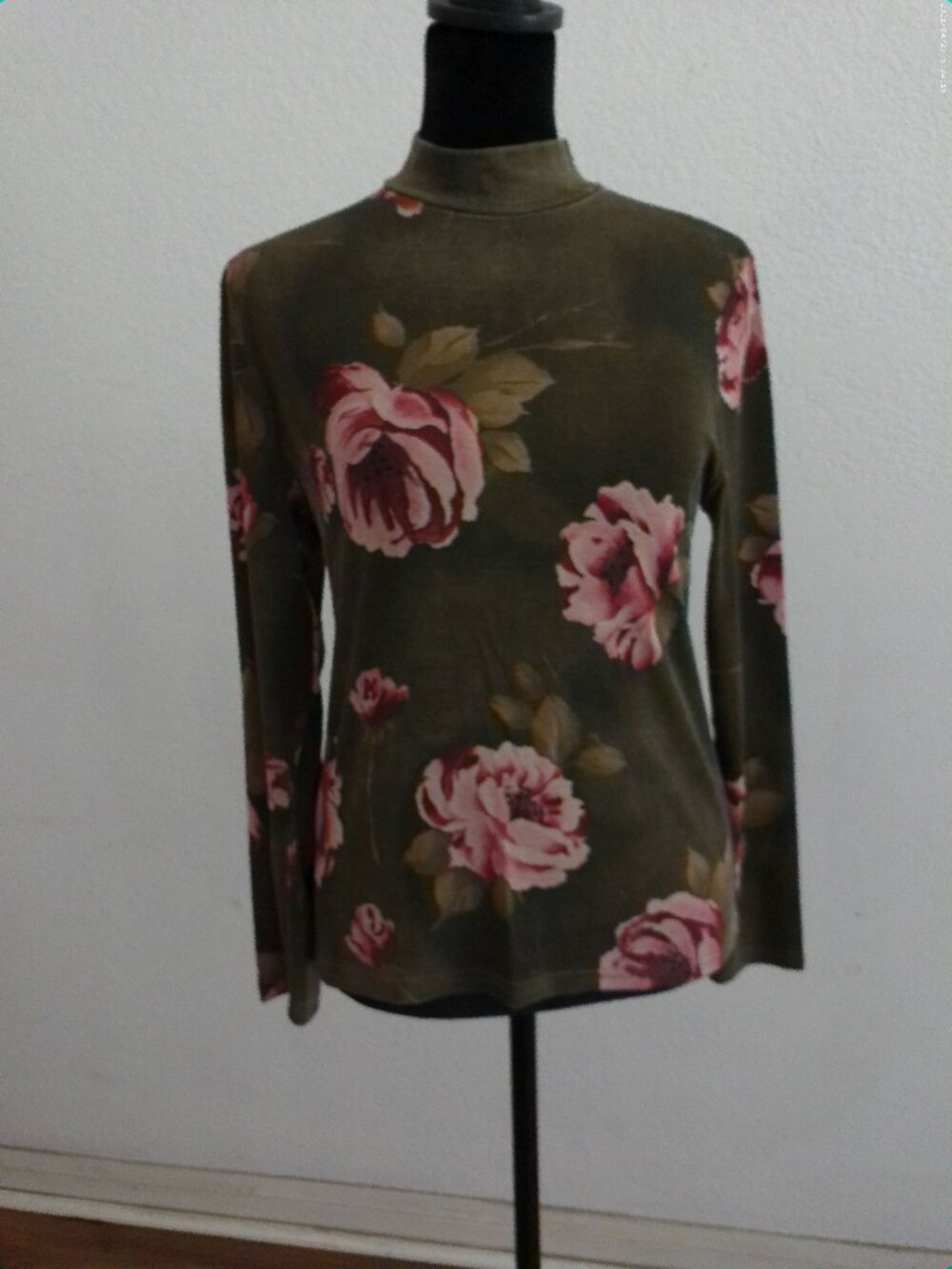 Dark green and red/pink floral blouse